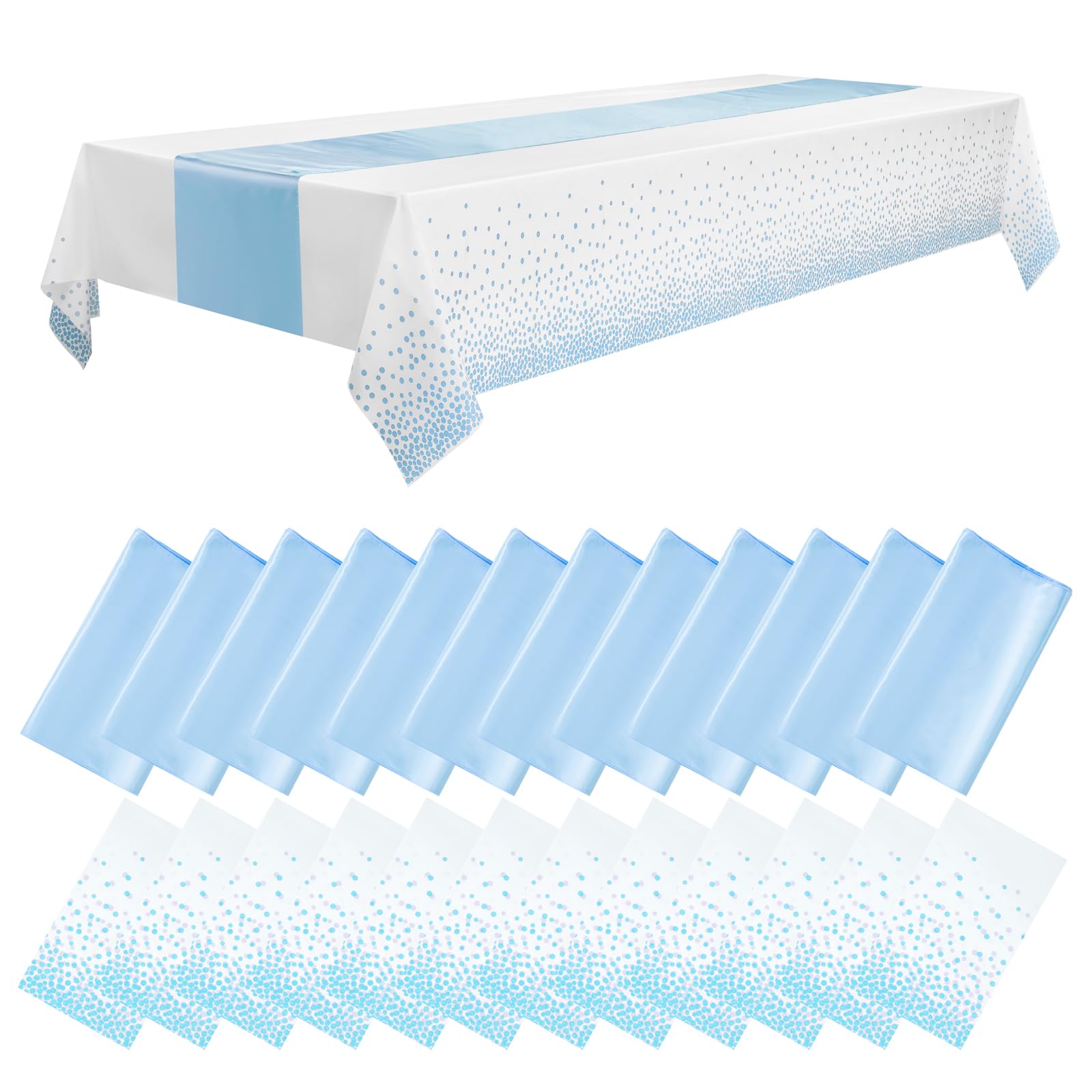 Photo 1 of WDF 16Pack White and Blue Plastic Tablecloths Table Runners - 54 x 108 Inch Blue Dot Rectangle Tablecloth 12 x 108 Inch for Parties/Wedding/Graduation