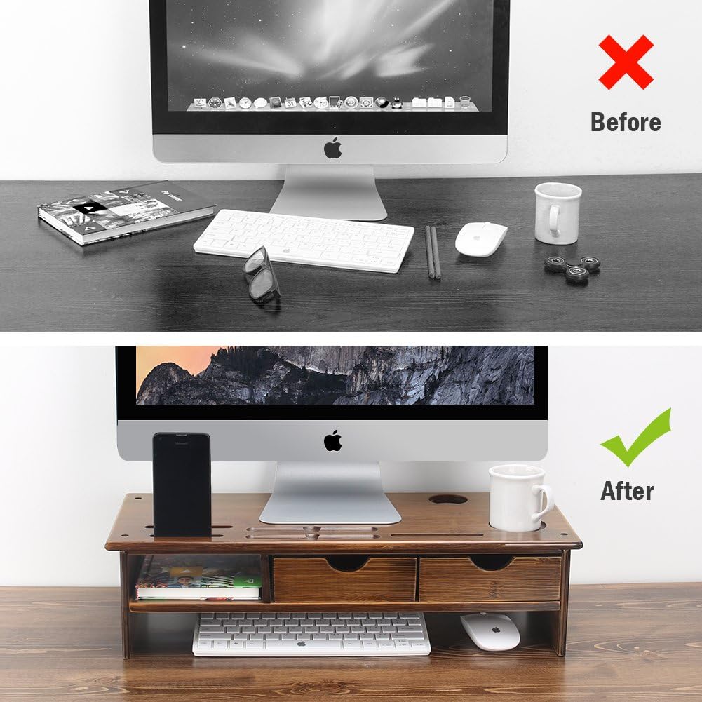 Tribesigns Monitor Stand Riser with Storage Organizer Drawers Bamboo，Retro Brown : Office Products