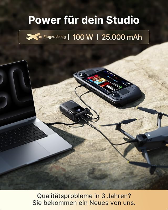 25000mAh Laptop Power Bank, Kompakt 100W Schnellladung mit USB C Kabel
