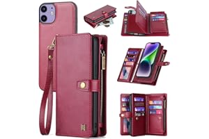 QIXIU Wallet Case Compatible with iPhone 11,Multifunctional 2 in 1 Magnetic Case Wallet,Durable PU Leather Flip Lanyard Strap Wristlet Zipper Card Holder Phone Case for iPhone 11 (Red)