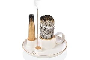 BS-VOG Incense Holder, 4 in 1 Palo Santo Holder for Burning Sage and Sticks, 5.9 Inch Ceramic Incense Burner and Ash Catcher Tray with Handle, White Candle Holder for Meditation Home Zen Decor Gift
