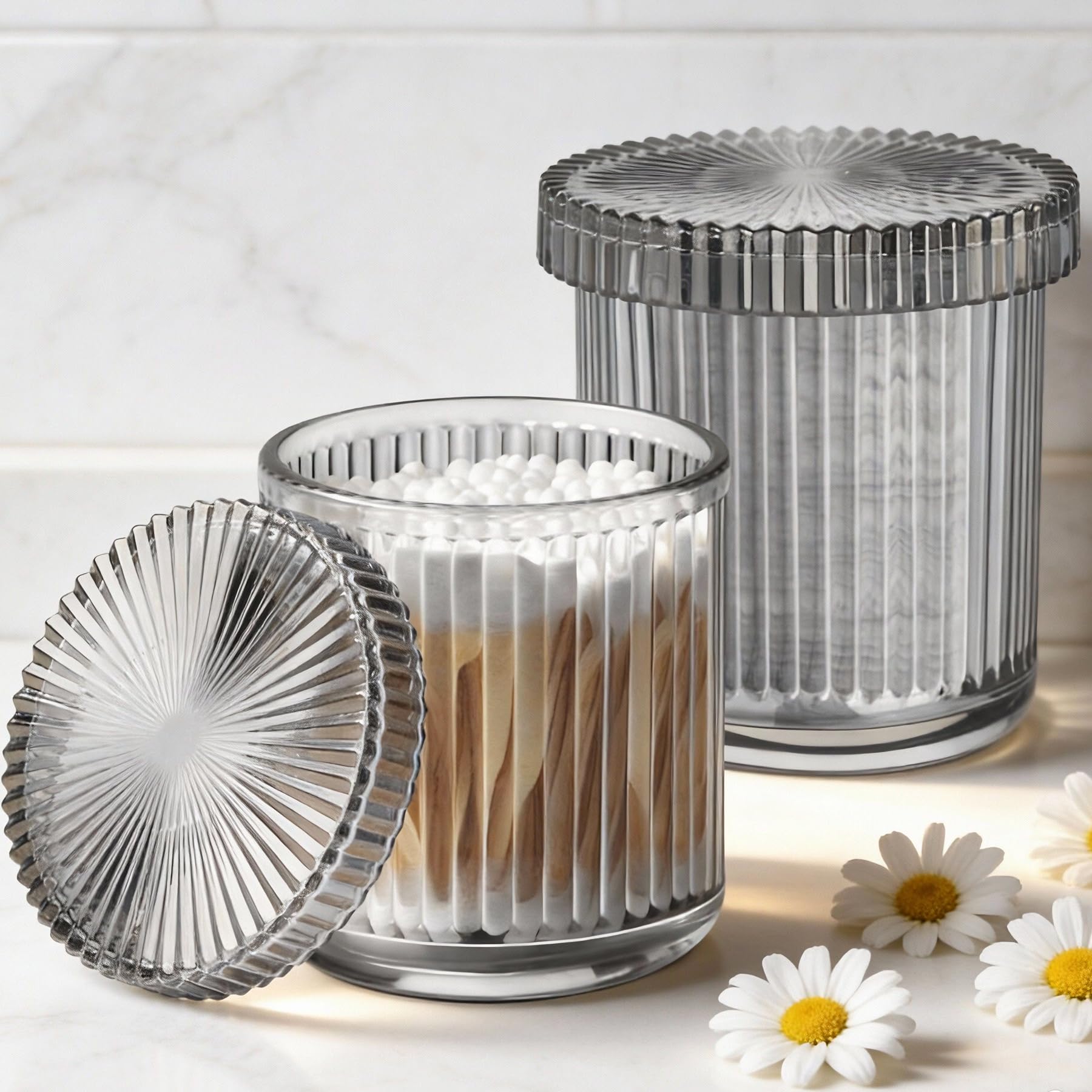 Photo 1 of 2 Pack Glass Qtip Holder Dispenser Set - Bathroom Organizer for Cotton Swabs, Balls, Pads, Floss Picks - Clear Apothecary Jars for Vanity, Makeup Storage, Bathroom Accessories Decor (Gray&Black)