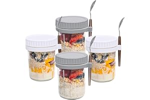 VUINOP Mason Jars for Overnight Oats: 4 Pack Overnight Oats Containers with Lids and Spoons - 16 oz Glass Food Storage Containers for Milk, Cereal, Fruit - Oatmeal Jars/Canning Jars/Food Jars & Canisters