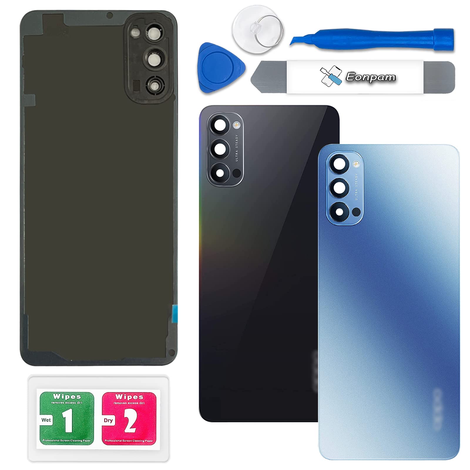 Eonpam Back Cover Glass for Oppo Reno4 5G Rear Glass Replacement with Camera Lens + Repair Kit Genuine Rear Housing (Blue)