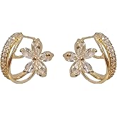 Crystal Flower Ear Climber Earrings, Rhinestone Leaf Design