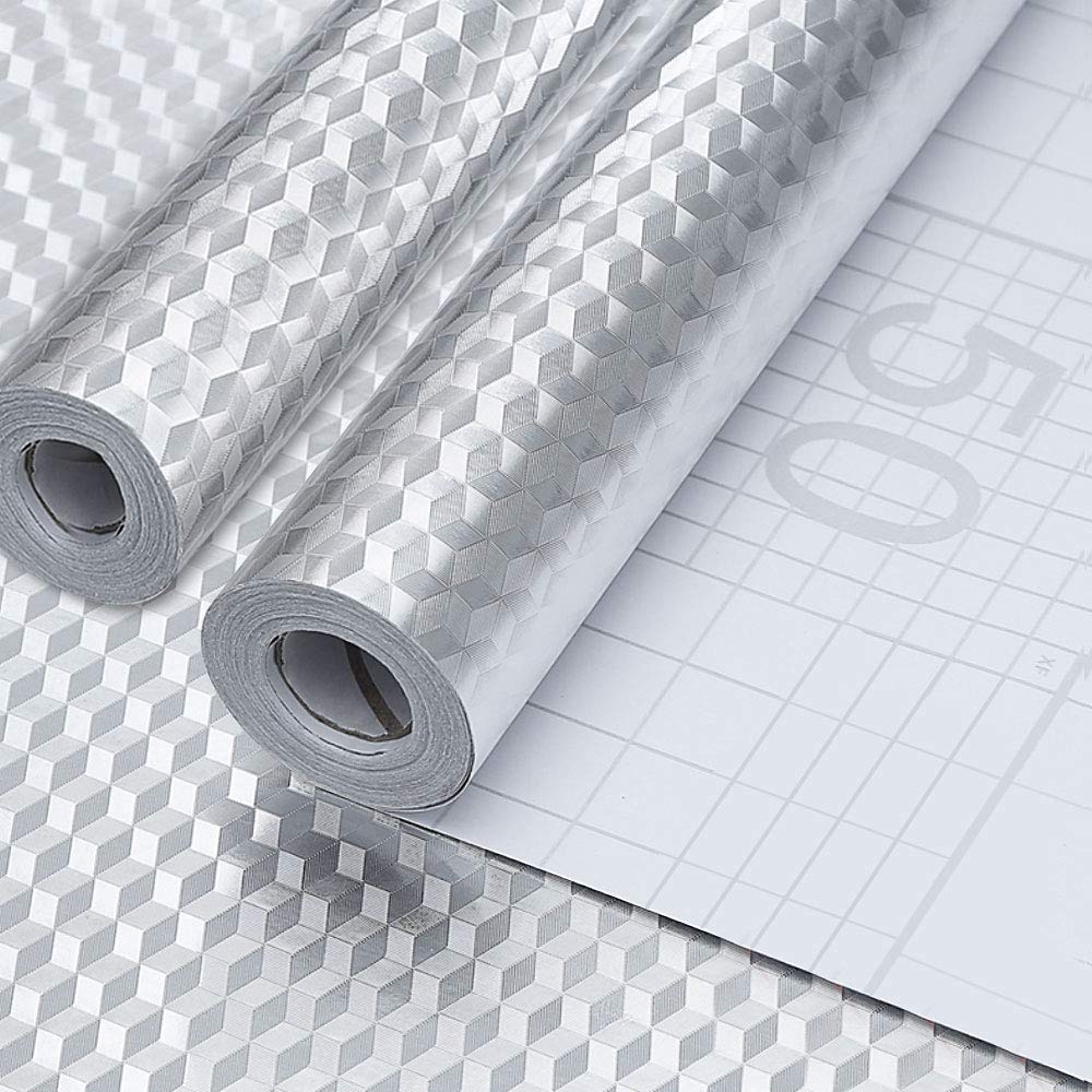 2 Roll Kitchen Oil Proof Stickers 40X200CM Silver Wallpaper Self Adhesive Wallpaper Waterproof Oil Proof Vinyl Wrap Peel and Stick Aluminum foil Contact Paper for Countertop Cupboard Backsplash