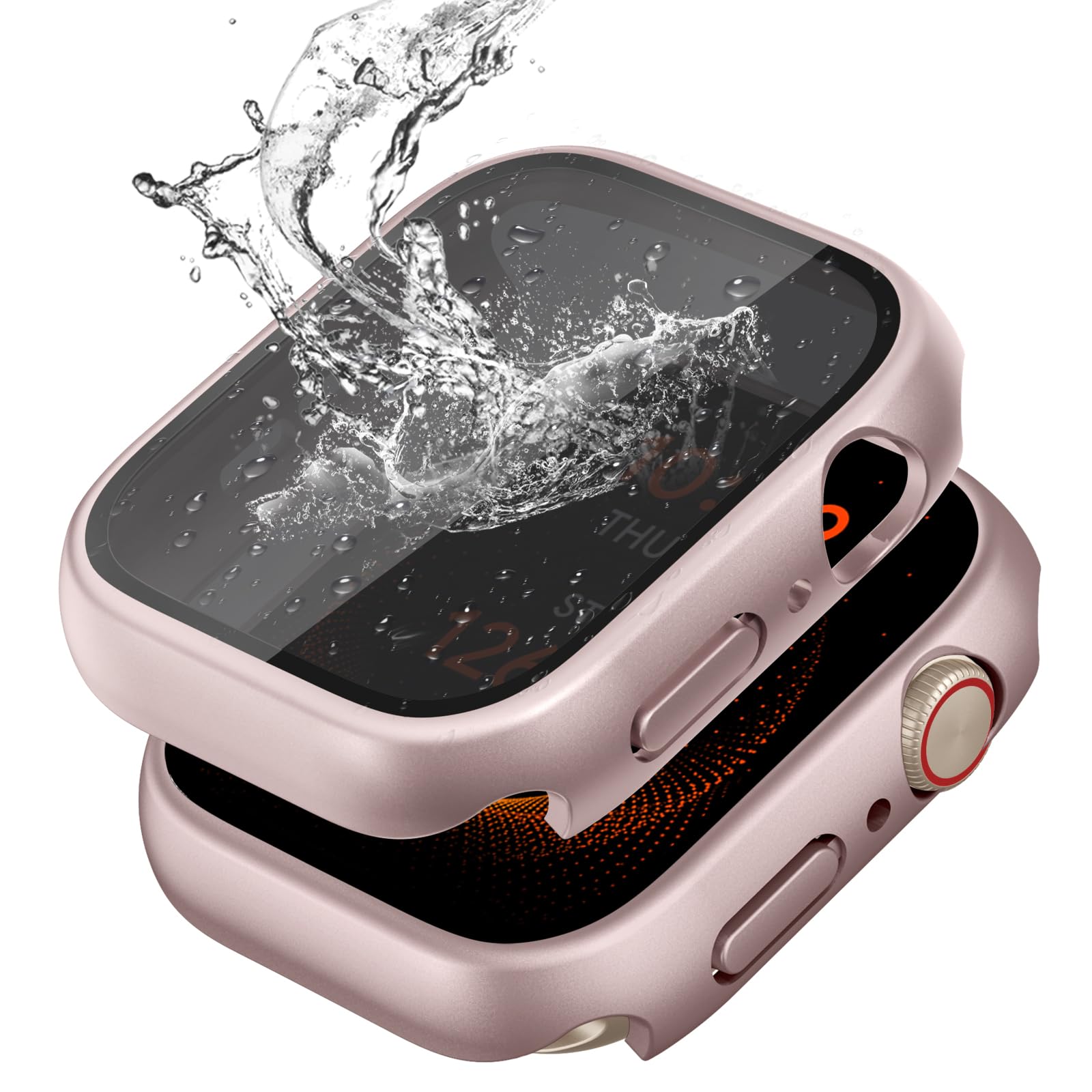 Photo 1 of 2 Pack Waterproof Privacy Hard PC Case with Tempered Glass Screen Protector for Apple Watch SE 2nd SE 3 Series 6 5 4 44mm, Ultra-Thin Bumper Anti-Shock Screen for iWatch Cover Accessories, Rose Pink