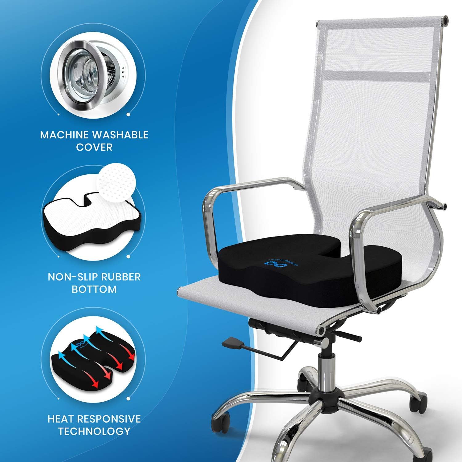 Everlasting Comfort Gel Infused Memory Foam Seat Cushion - Ventilated Design for Hip and Tailbone Pain - Office Chair and Car Seat Cushion - Coccyx Cushion - Sciatica and Back Pain Relief : Office Products