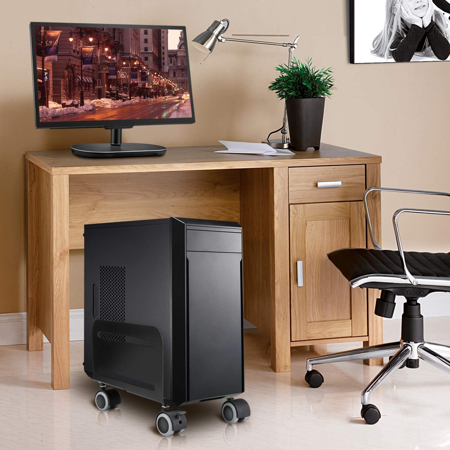 CPU Stand, Computer Tower Stand with 2 Locking Wheels and 2 Caster Wheels, UPC Steel Rolling Stand Computer Stand for Desktop Tower (Black) : Office Products