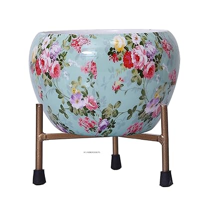 M D Designer Floral Craft Seeds Presents Compact Metal Stylish Printed Planter with Tripod Metal Stand for Home and Garden Use