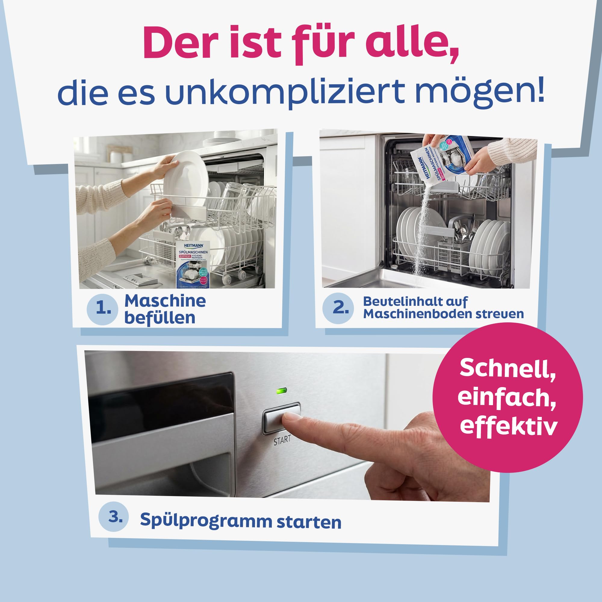 HEITMANN Spülmaschinenreiniger Express Hygiene-Reiniger 30 g | Dreifach-aktiv gegen Fett, Kalk & Gerüche | Maschinenreiniger für Spülmaschine | Für Sprüharme, Filter & Innenraum 5