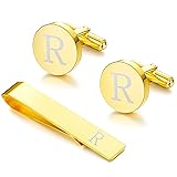 LOYALLOOK Gold Initial Cufflinks and Tie Clip Set