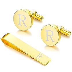 LOYALLOOK Gold Initial Cufflinks and Tie Clip Set