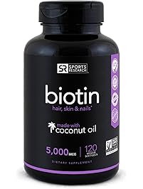Biotin (High Potency) 5000mcg Per Veggie Softgel; Enhanced with Coconut Oil for better absorption; Supports Hair Growth, Glowing Skin and Strong Nails; 120 Mini-Veggie Softgels; Made In USA.