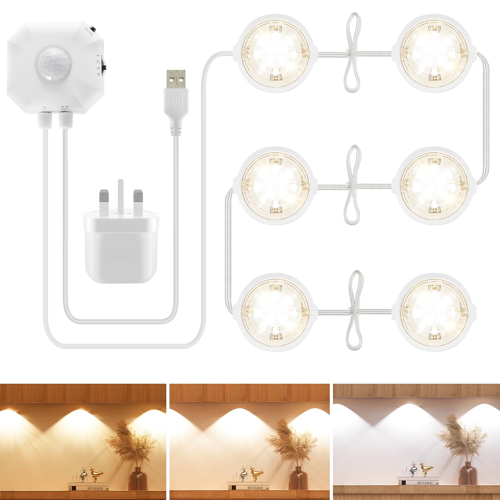 Auplf Kitchen Lights Under Cabinet Led Motion Sensor Stair Lights, 3 Color Temperature 3500K-6500K USB Night Light Motion Sensor Lights Indoor Cupboard Light for Kitchen, Shelf, Counter, Mirror