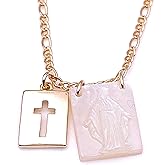 LESLIE BOULES Catholic Cross & Miraculous Pendant Necklace for Women 18K Gold Plated Chain