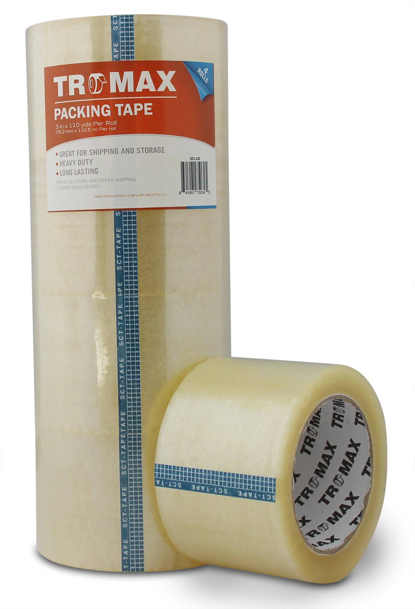 Tromax 4-Rolls (Clear) Packing Tape 3"x110 Yards 2.0 Mil - BOPP Material - Strong Carton Sealing Tape (4-Rolls)