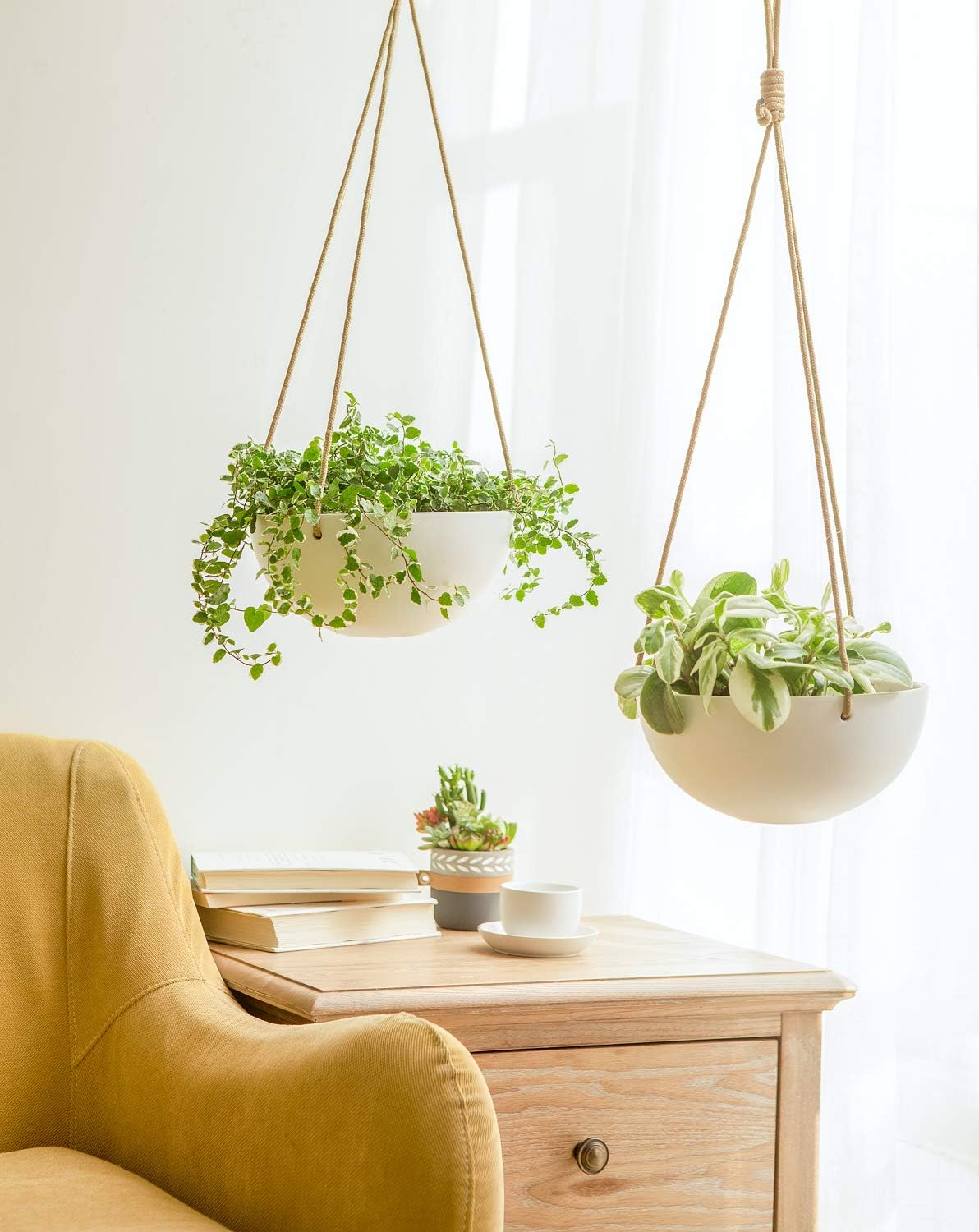 Mkono 9 Inch Ceramic Hanging Planter Indoor Outdoor Modern Round Flower Plant Pot White Porcelain Hanging Basket with Polyester Rope Hanger for Herbs Ferns Ivy Crawling Plants, Set of 2: Garden & Outdoor