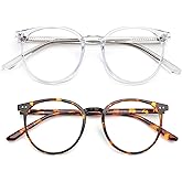 JFXQDR 2 Pack Blue Light Blocking Glasses for Women and Men, Round Frame Computer Gaming Anti Eyestrain & UV Glare RF6213 (Clear + Coco Tortoise)