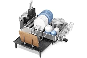 Urackify 304 Stainless Steel Dish Drying Rack, Expandable Dish Rack for Kitchen Counter, Large Dish Drainer with Adjustable D