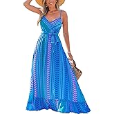 CUPSHE Women Maxi Dresses Spaghetti Straps V Neck Sleeveless Belted Beach Boho Ruffled Summer Pockets Vacation Casual Dress