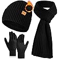 floconssy Men's Winter Hat Scarf Gloves Set, 3 PCS Warm Beanie Long Scarf fleece lined Touchscreen Gloves for Cold Weather