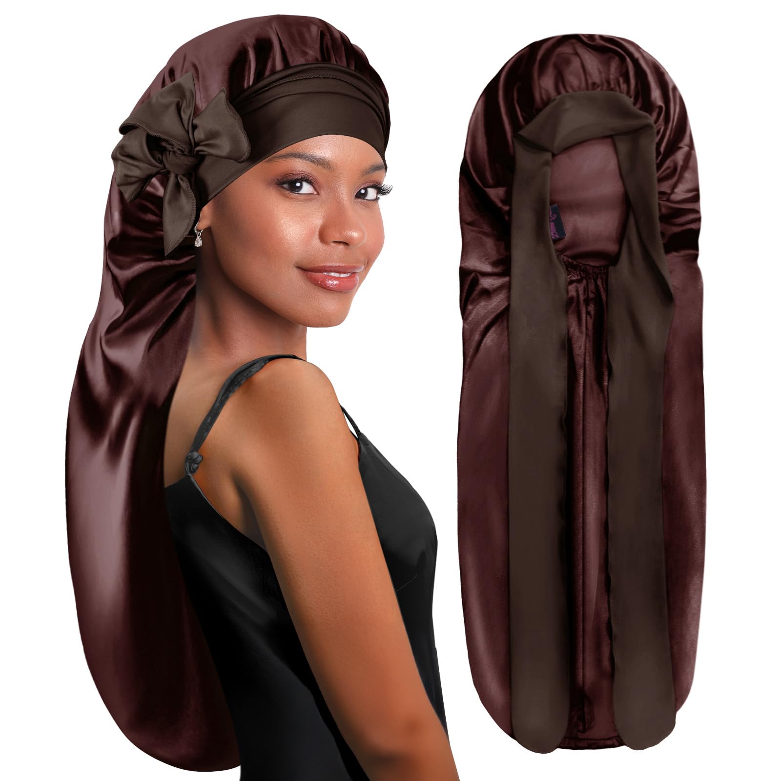BONNET QUEEN Silk Bonnet for Sleeping Long Hair & Braids Extensions Hair, Satin Long Bonnet for Women, Adjustable Silk Scarf Night Cap with Tie Band, Chocolate