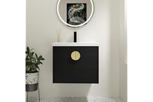 SSLine Modern 24" Floating Bathroom Vanity with Sink Wall Mounted Bathroom Vanity with Top Basin & Storage Cabinet Luxury Black Wood Hanging Vanity w/Ceramic Sink & Gold Handles for Small Space
