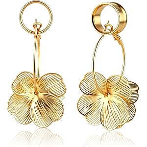 Narberkapo 2PCS Flower Dangle Gauges Earrings - Hypoallergenic Stainless Steel Ear Plugs Tunnels, Ear Expander Stretcher Body