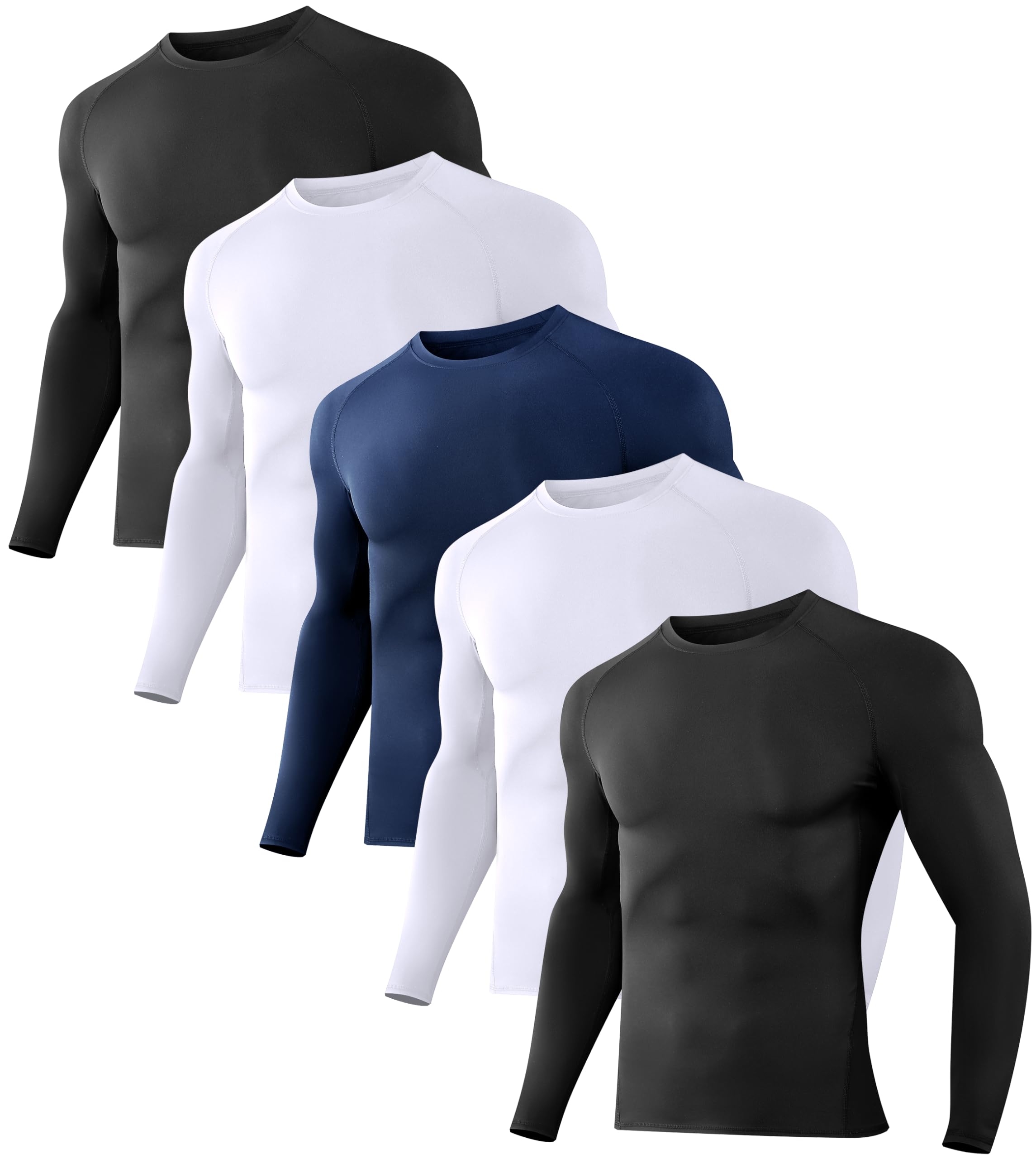 Dalavch 5 Pack Men’s Compression Shirts Long Sleeve Athletic Workout Rash Guard Gym Active Sports Undershirt Base Layer Top 2 Black 2 White 1 Blue X-Large Image