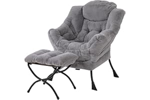 Welnow Lazy Chair with Ottoman, Modern Lounge Accent Chair with Armrests and a Side Pocket, Leisure Sofa Armchair, Reading Armchair with Footrest for Small Space, Plush Grey