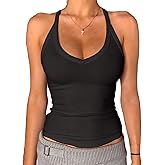 Danysu V Neck Racer Back Tank Top for Women Padded Ribbed Long Tank Fitted Basic Cami Tops