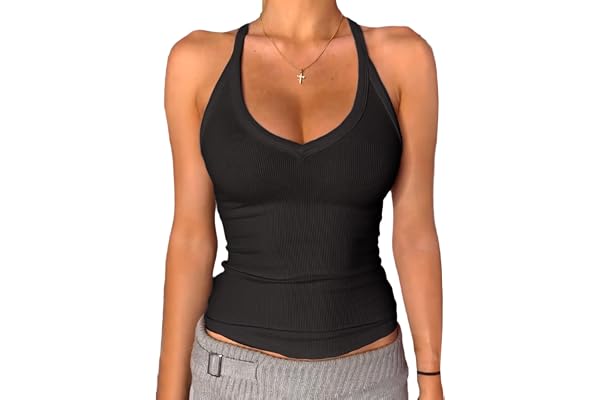 Danysu V Neck Racerback Tank Top for Women Padded Ribbed Long Tank Fitted Basic Cami Tops