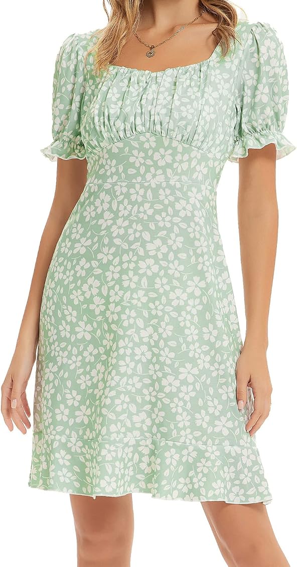 Women Floral Dresses Square Neck Ruffle Aline Beach Short Dress Green Floral  L at Amazon Women's Clothing store