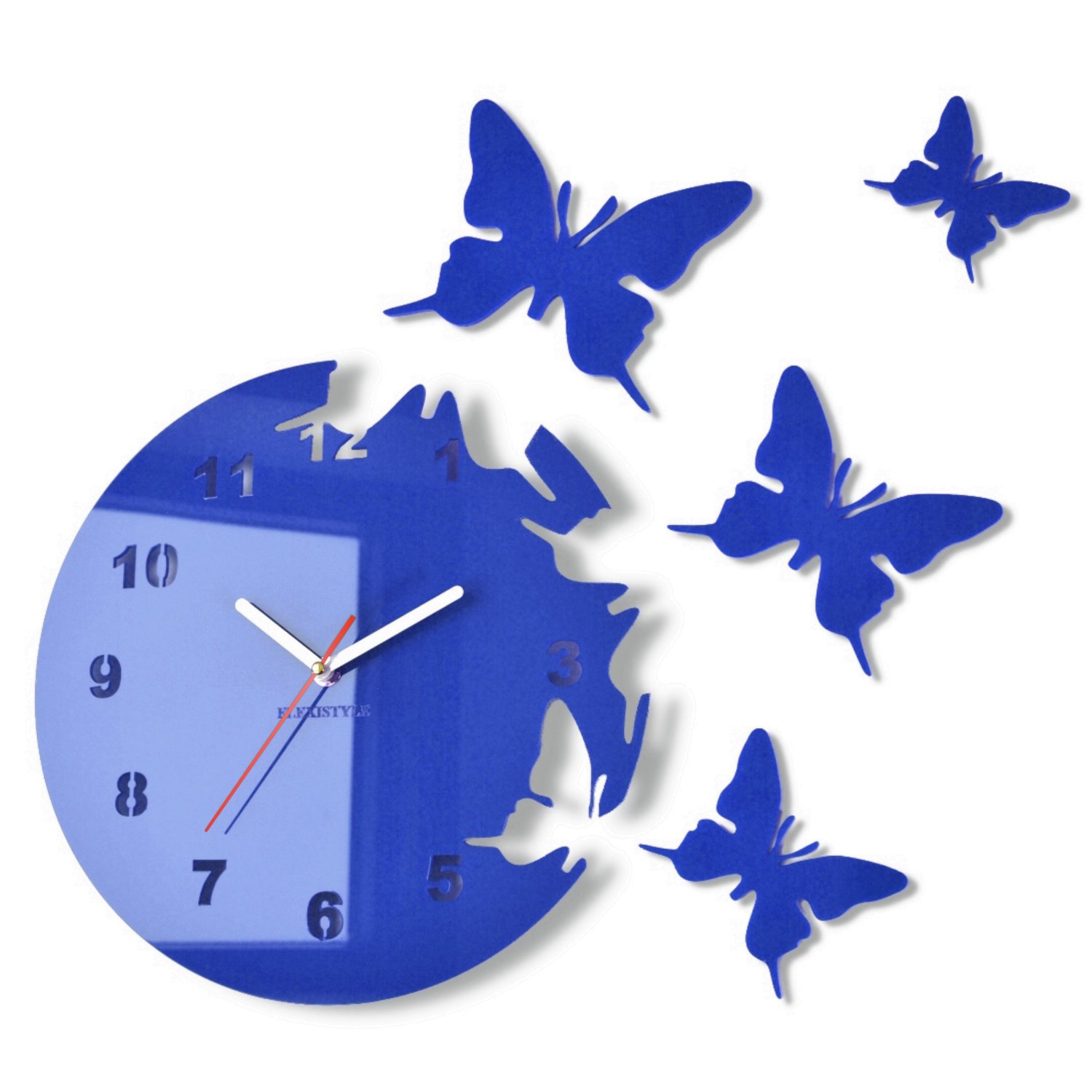 FLEXISTYLE Modern wall clock BUTTERFLIES circular, no ticking (Blue)