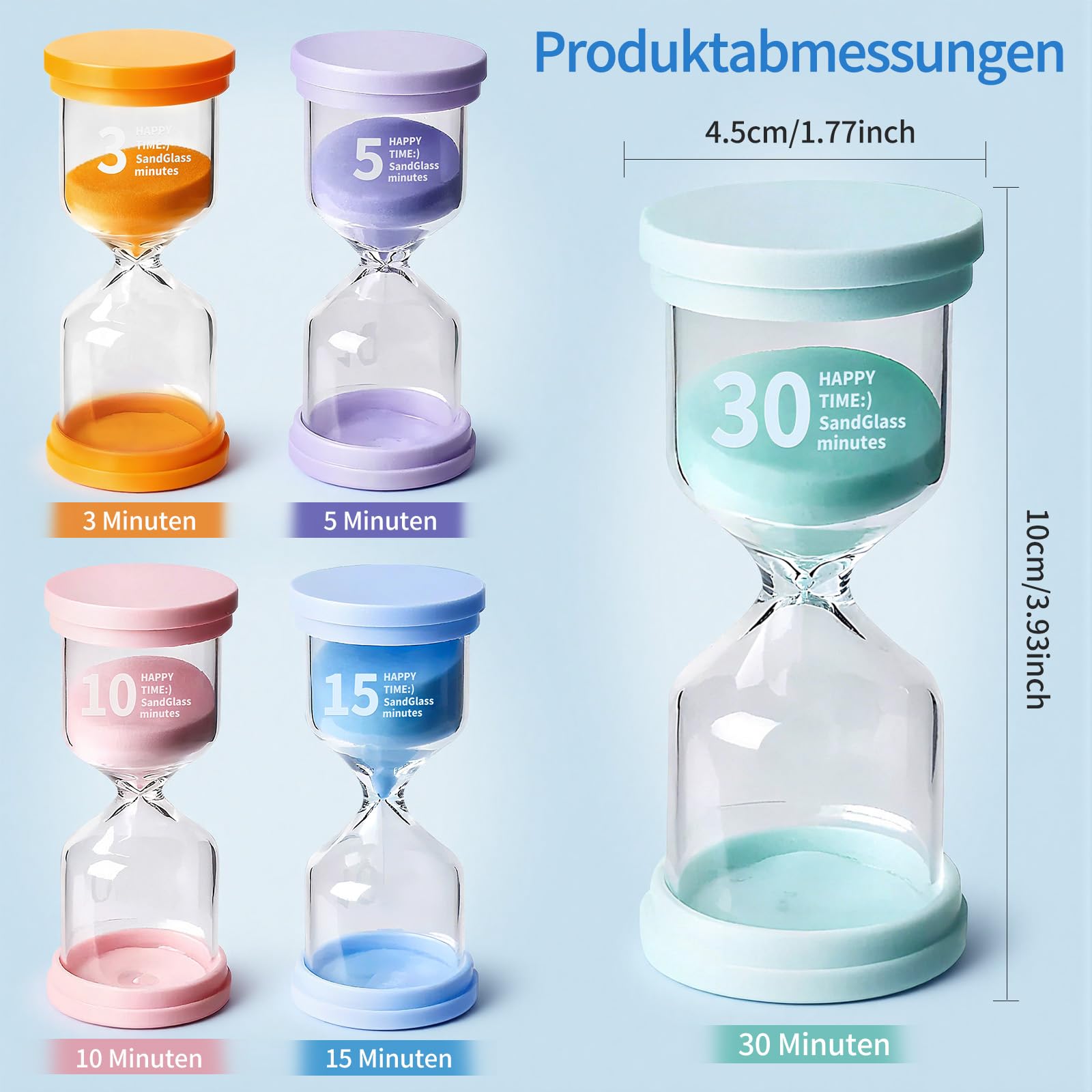 5 Stück Sanduhren Set für Kinder, Sanduhr Set Kinder, 5 Macaron Farben, 3/5/10/15/30 Minuten Buntes Sanduhren, Zeitmesser Sanduhr, für Küche, Office Deko,Kinderleben 2