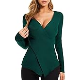 QUALFORT Women Fall Tops 2026 Sexy V-Neck Sweater Knit Wrap Tops for Women Slim Fit Pullover