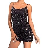 Aukmla Women Sparkly Sequin Mini Dress Spaghetti Straps Dot Disco Dresses Bodycon Nightclub Party Dress