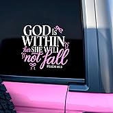 God is Within Her She Will Not Fall Car Decal Pink Bows, Christian, Girly Decal, Affirmations Bible Says, Vinyl Waterproof 8 Inches Bumper Decal Gifts for Women Girl Mom