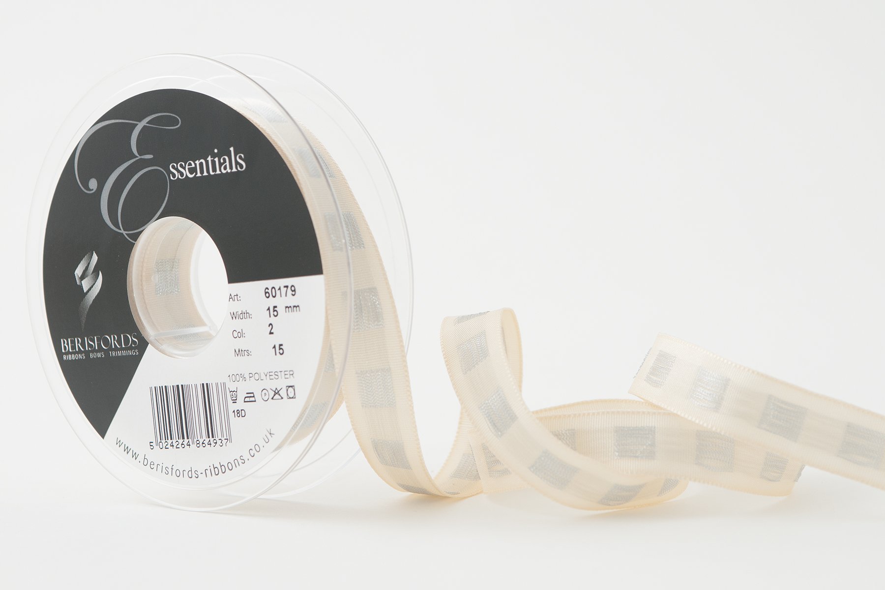 Berisfords Ribbon, Ivory/Silver, 15 mm