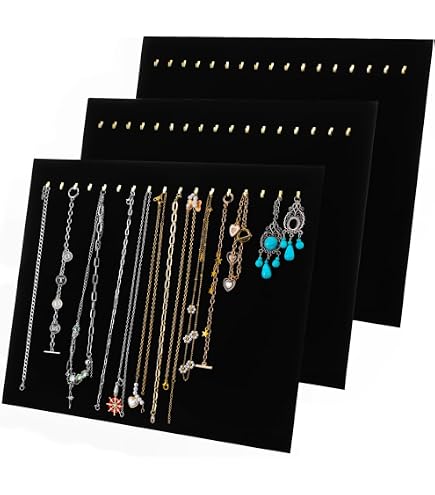 17 Hook Necklace Display Organizer - Black Velvet Jewelry Tray With Wood Stand