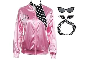 CAIYING Ladies 50S Grease T Bird Danny Pink Satin Jacket Halloween Costume with Scarf