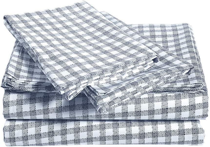 AmazonBasics Organic Sateen Cotton Sheet Set - Cal King, White Check
