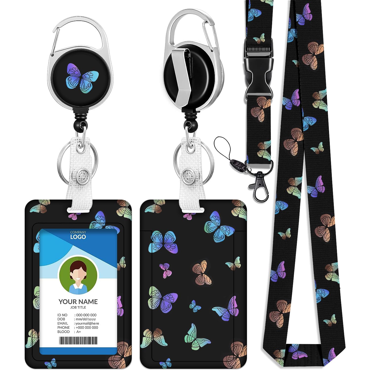 bolimoss Butterfly Lanyard with Card Holder for Key, Cute Colorful Plastic ID Badge Holder Neck Strap, Lanyard Retractable with Swivel Lobster Clasp Belt Clip for Teachers, Nurses, Doctors, Student