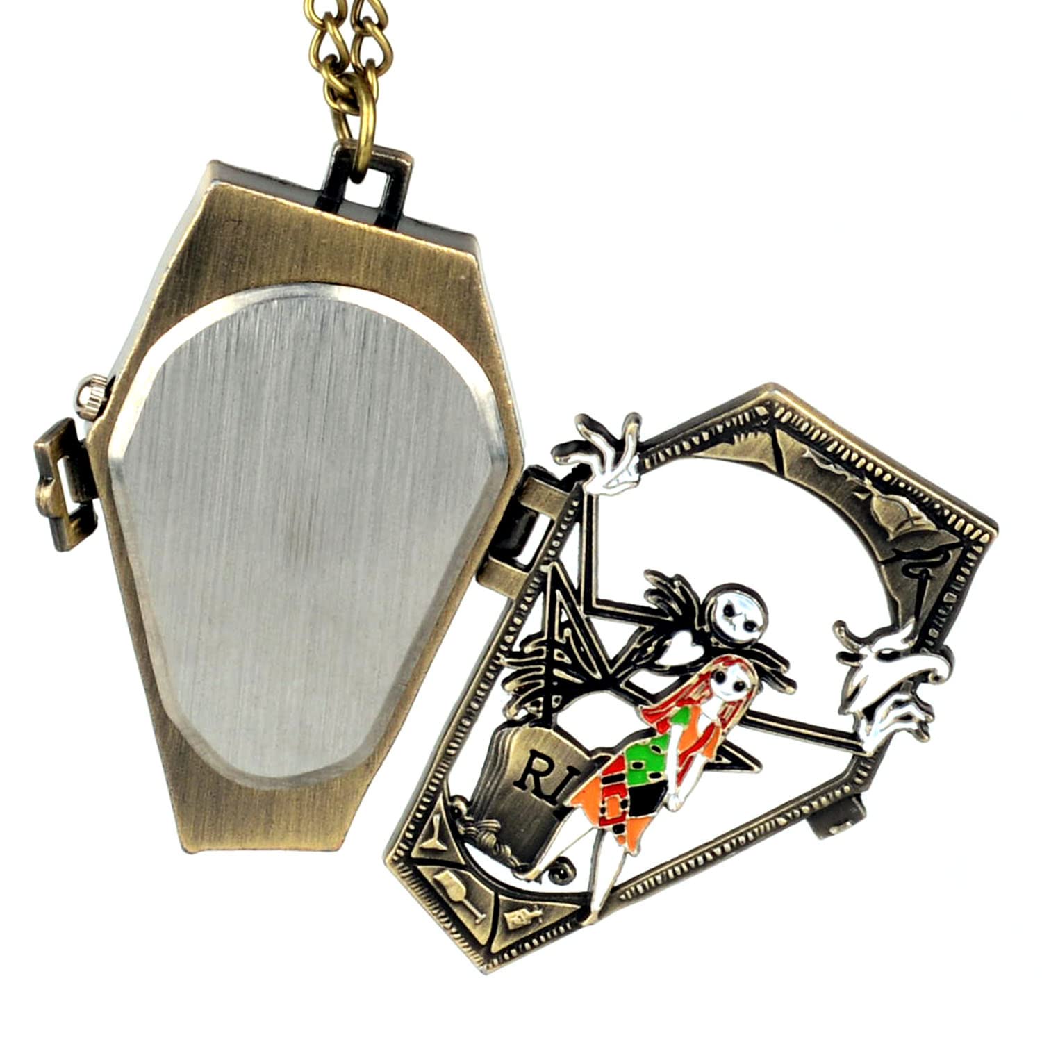 Ddjbdb Quartz Pocket Watch with Necklace Chain, Hollow Night-mare Design Mens Christmas Halloween Pocket Watches,Gift for Men Son with Box Bronze