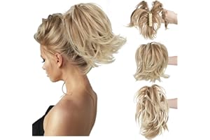 CJL HAIR Claw Clip Short Ponytail Hair Extensions Bendable Metals Messy Bun Hair piece Wavy Curly Fake Hairpieces (Gloden Blonde and Beach Blonde Tips, Straight,8inch)