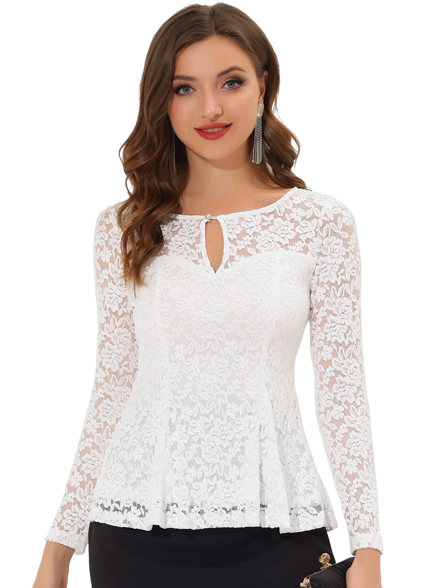 Photo 1 of Allegra K Women's Dressy Top Formal Wedding Guest Long Sleeve Lace Peplum Blouse Large White