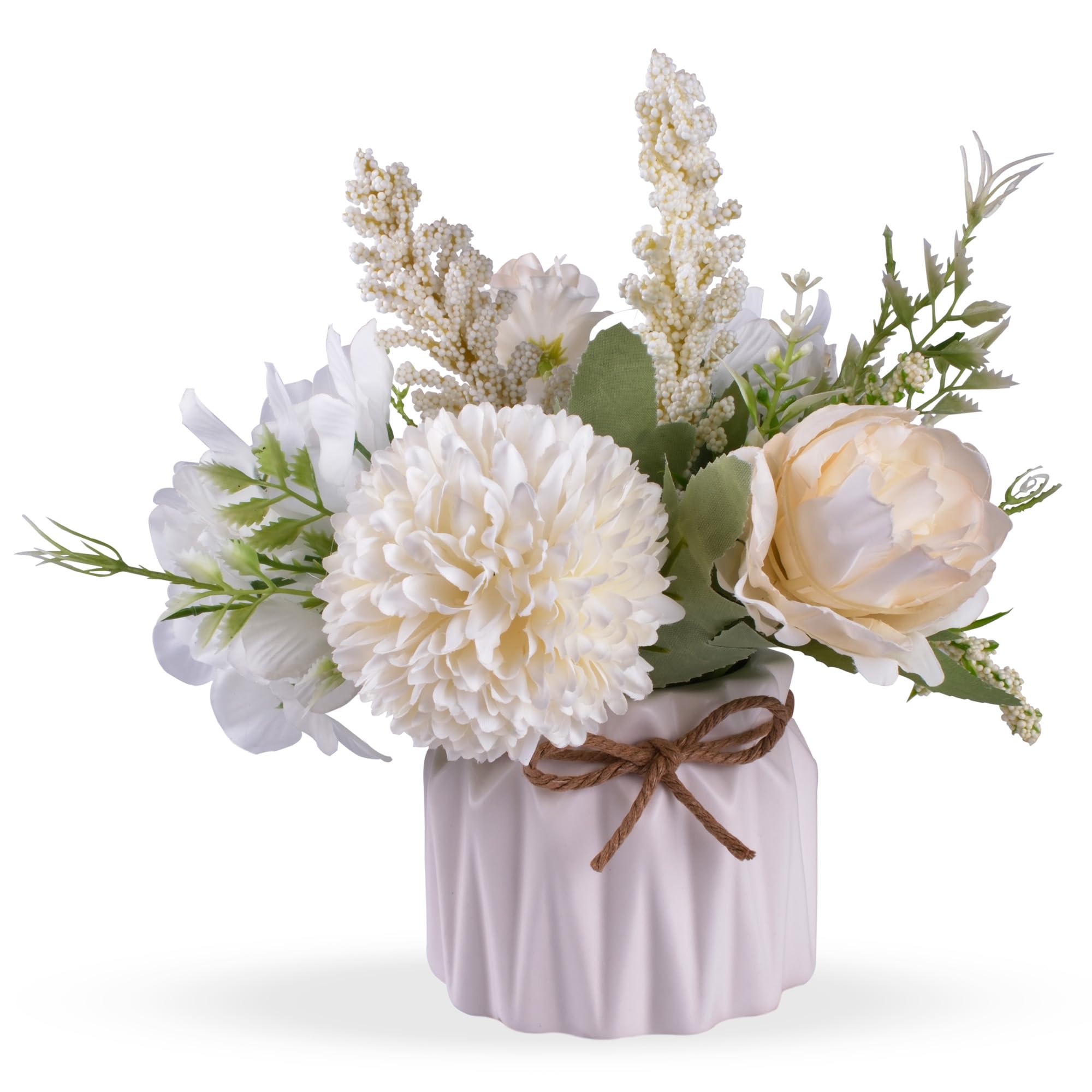 Artificial Potted Flowers, Small Ceramic Vase Fake Flower Plants Desktop Decoration Indoor for Home and Office, Faux Flowers Hydrangea Decora for Table,Bookshelf,Bedroom,Living Room,Party.(White)