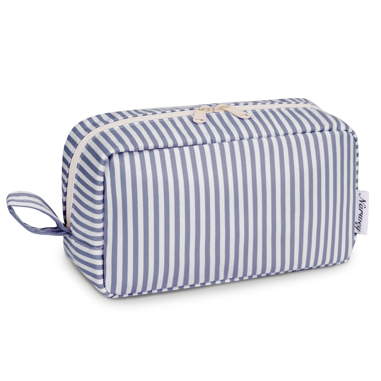 Large Makeup Bag Travel Toiletry Wash Bag Cosmetic Organizer Make Up Bags for Women (Greyish Blue Stripe, Large) — image 1