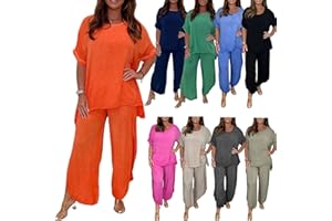 Floaty Sleeve Trouser Set, 2-Piece Sleeved Trouser Suit for Women, Loose Fit Culotte Set 2 Piece Solid Color Suit (Color : Or